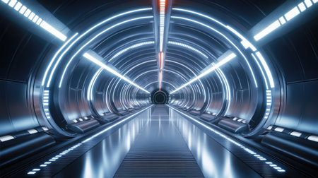 Futuristic endless tunnel with reflective textures and bright, glowing lights.の素材
