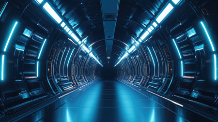 Futuristic endless tunnel with reflective textures and bright, glowing lights.の素材
