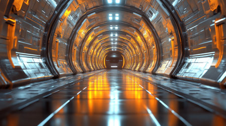 Futuristic tunnel corridor with brick textured walls and reflective surfaces. Sci-fi hangar.の素材