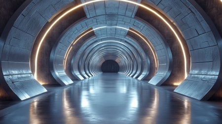 Futuristic sci-fi corridor with brick textures and reflective walls. 3D rendered hangar tunnel.の素材