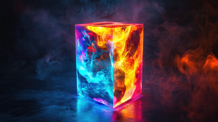 Illuminated abstract rectangular object with vibrant colors glowing in the dark.の素材