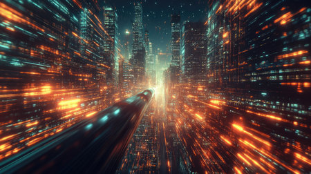 Hyperloop moving at warp speed through a glowing mega city. Nighttime scene with blurred lights from skyscrapers highlighting advanced tech. -の素材