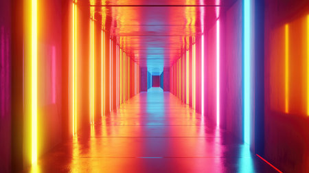 Infinite corridor with reflective surfaces and vibrant glowing lights. Sci-fi concept.の素材