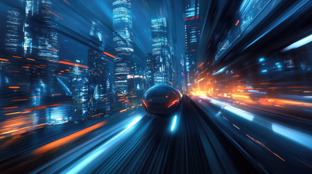 Hyperloop traveling at high speed in a nighttime urban environment. Blurred lights from buildings add to the futuristic and dynamic scene.の素材