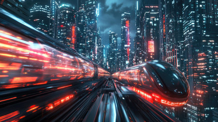 Mega city at night with a hyperloop moving at warp speed. Buildings' lights create a blur, showcasing advanced technology and futuristic design.の素材