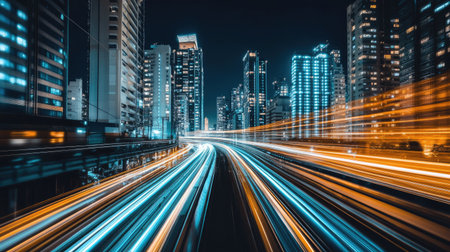 Mega city at night with a hyperloop moving at warp speed. Buildings' lights create a blur, showcasing advanced technology and futuristic design.の素材