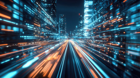 Mega city at night with a hyperloop moving fast. Blurred lights from buildings create a dynamic, futuristic feel in the 3D rendering.の素材