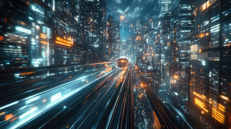 Mega city at night with a hyperloop moving at warp speed. Buildings' lights create a blur, showcasing advanced technology and futuristic design.の素材