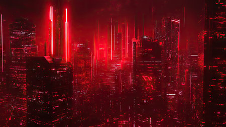 Neon-drenched city with a red technology backdrop. Cyberpunk 3D illustration featuring vivid neon lights and futuristic cityscape.の素材