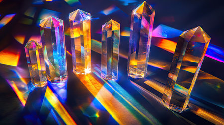 Mixture of glass prisms and dichroic stripes, refracting a strong light beam into several colorful spectra on a dark background.の素材