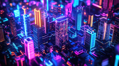 Neon-glowing 3D city with vivid colors and detailed skyscrapers. Illustration of a vibrant megapolis and downtown area.の素材