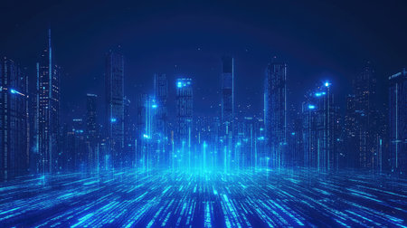 Neon blue illuminated city with streaming binary code. High-tech design showcasing the concept of data flow and digital innovation.の素材
