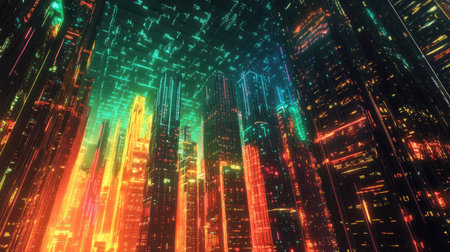 Neon-infused futuristic urban skyline with advanced digital buildings and bright lights. Digital art.の素材
