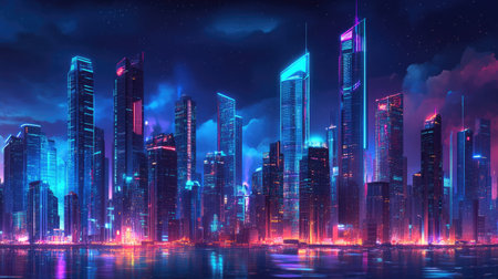 Neon-lit night city with futuristic skyscrapers and modern buildings. Dark cyberpunk-themed background with a panoramic cityscape view.の素材