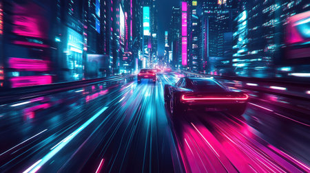 Neon-lit futuristic cityscape with fast-moving cars. Cyberpunk digital art with bright colors and high-tech urban architecture.の素材