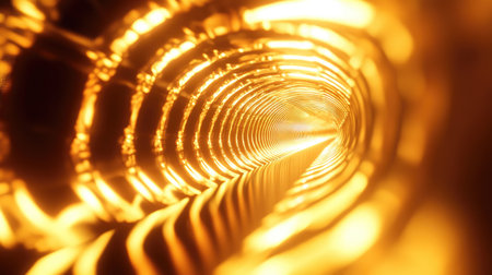 Reflective textured tunnel with bright, glowing lights extending infinitely. 3D illustration.の素材