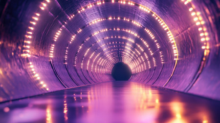Reflective tunnel with glowing lights extending infinitely, creating a mesmerizing effect.の素材