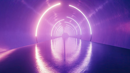 Reflective textured tunnel with bright, glowing lights extending infinitely. 3D illustration.の素材