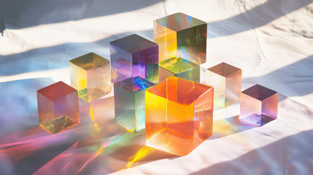 Spectrum of light refracted through stacked dichroic glass cubes, sparkling on a textured white paper background.の素材