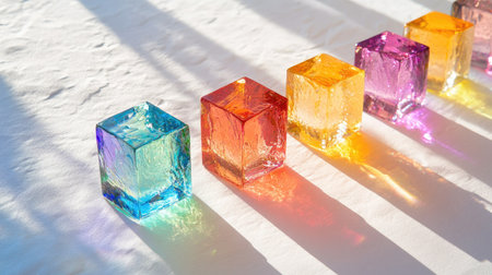 Spectrum of light from colored dichroic glass cubes, sparkling on textured white paper, showcasing artistic light dispersion.の素材