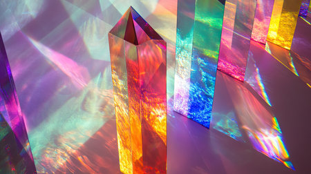 View of glass prisms and dichroic translucent stripes dispersing light into several colorful spectra, creating a beautiful effect.の素材