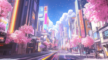 Vibrant street in a metaverse city showcasing blockchain elements and futuristic architecture. Illustration.の素材