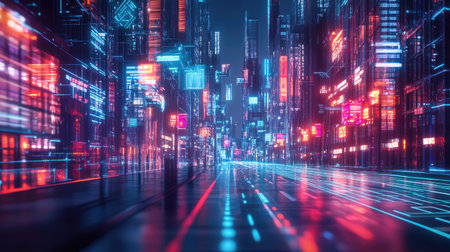 Street in a metaverse city with glowing holograms and blockchain integration. Digital illustration.の素材