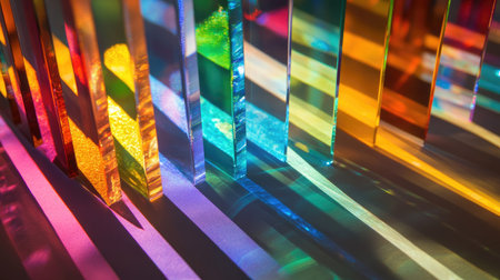 View of glass prisms and dichroic translucent stripes dispersing light into several colorful spectra, creating a beautiful effect.の素材