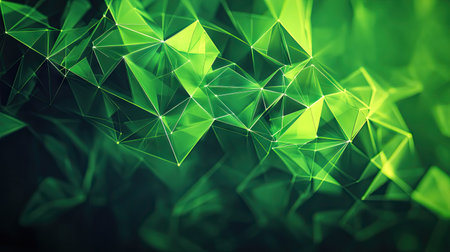 Vibrant green abstract background with geometric triangular cells and polygons, creating a striking digital illustration on a dark base.の素材