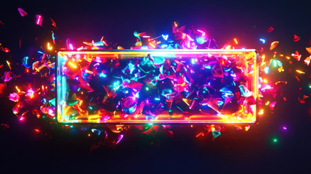 Bright neon-lit abstract rectangular object with multicolored lights on a dark background.の素材