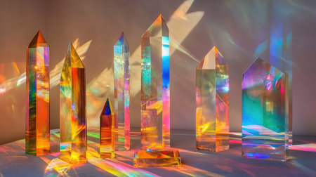 Different sizes of glass prisms and dichroic stripes refracting a strong beam of light into vibrant color spectra.の素材