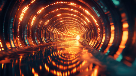 3D render of a reflective tunnel with glowing lights, creating an infinite visual effect.の素材