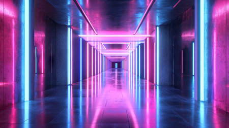 Endless corridor with reflective surfaces and dynamic neon lights. 3D illustration.の素材