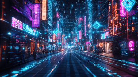 Digital street scene in a blockchain-enabled metaverse city with neon lights and holograms.の素材