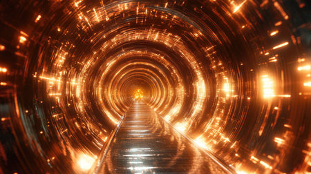 Futuristic endless tunnel with reflective textures and bright, glowing lights.の素材
