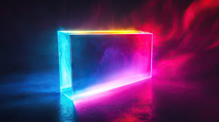 Glowing rectangular object with multicolored illumination creating an abstract effect against a dark backdrop.の素材
