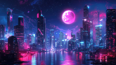 Vibrant neon lights brighten a futuristic night city with a colorful backdrop. Wide cityscape view featuring cyberpunk and retro wave design.の素材