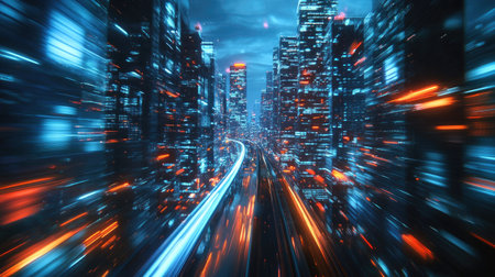 Night cityscape with a hyperloop in warp speed. Blurred lights from skyscrapers create a dynamic, high-tech atmosphere in the 3D illustration.の素材
