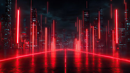 Red neon lights cast a glow over a dark cyberpunk city. 3D illustration with a technology-rich background and futuristic ambiance. -の素材