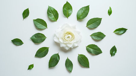 A white rose arranged in a radial design, symbolizing growth, with a clear space for copy.の素材