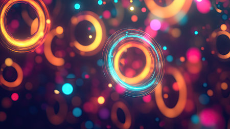 Bright glowing circles on a dark background, perfect for digital fractal ads, retail promotions, and business signs.の素材