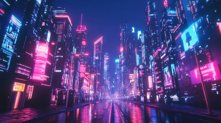 Wide-angle perspective of a vibrant night city with colorful neon lights. Retro wave and cyberpunk elements in the futuristic cityscape.の素材