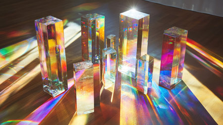 Various sizes of glass prisms and dichroic stripes dispersing light into multiple color spectra, creating a dynamic and colorful display.の素材