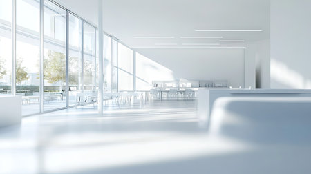 Abstract blurred image of a modern open office space with white interiors, minimalist furniture, and large windows, ideal for background and design concept photographyの素材
