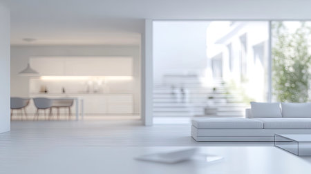 Abstract blurred shot of a modern open space office with white interior, showcasing a fully furnished workspace with sleek furniture, ideal for background design conceptsの素材