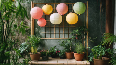 An eco-friendly Chinese New Year decoration with biodegradable paper lanterns hanging on a bamboo frame, surrounded by potted plants and natural materials.の素材