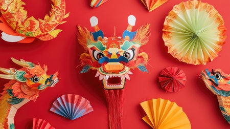 A set of environmentally-friendly Chinese New Year decorations made from recycled paper and biodegradable materials, highlighting sustainability.の素材