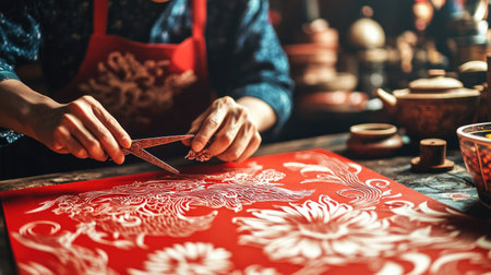A skilled artisan working on a handmade Chinese New Year craft, creating intricate paper cuts with scissors on red paper in a calm studio setting.の素材