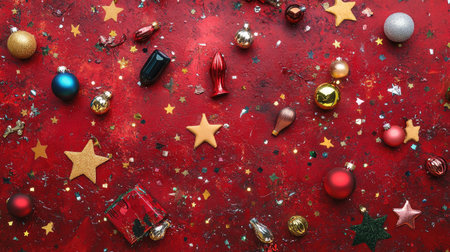 An overhead shot of Christmas gifts, stars, and ornaments scattered on a red surface, symbolizing the rush for holiday shopping, with promotional space for text.の素材