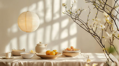 An eco-friendly Chinese New Year scene with reusable fabric decorations, sustainable bamboo lanterns, and natural materials for a minimalist festive vibe.の素材